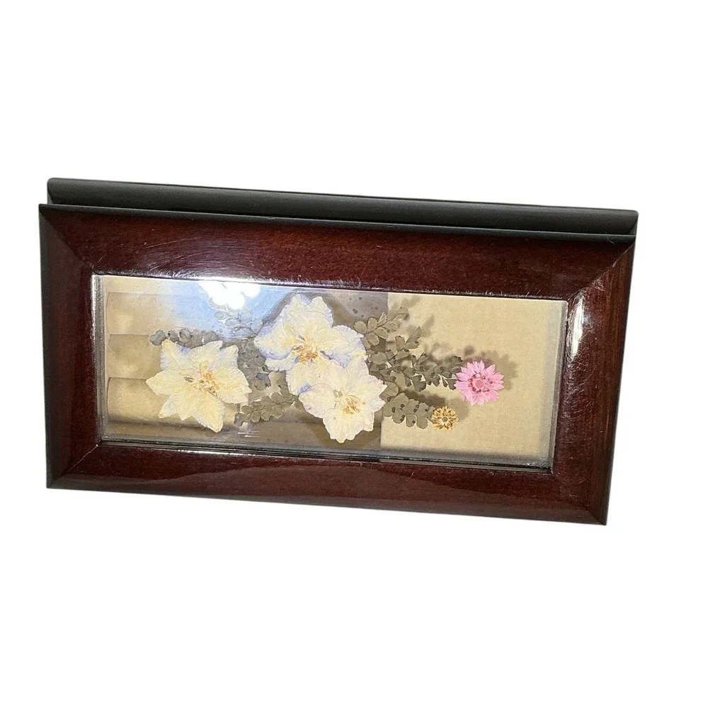 Vintage 90s BOMBAY Jewelry Music Box Wood Pressed Flowers Plays Nadia's Theme